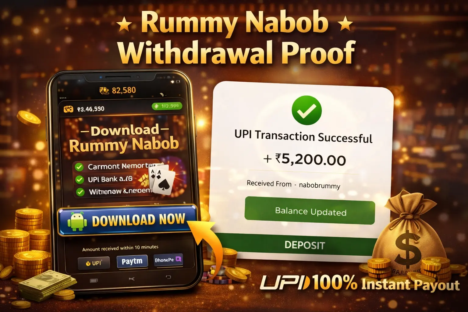 Rummy Nabob instant withdrawal proof and UPI payment screenshot
